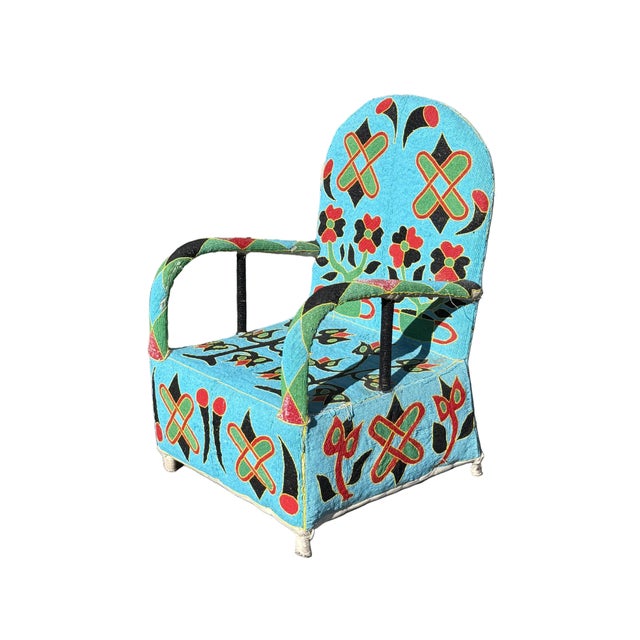 African Yoruba Royal Hand Beaded Tribal Arm Chair With Floral Motif For Sale - Image 4 of 10