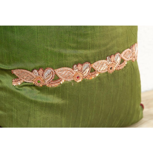 Green Zardozi-Embroidered Silk Pillow Cover, Embroidered Band For Sale - Image 4 of 7