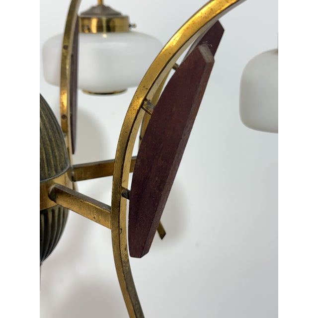 6-Light Chandelier in Brass, Wood and Opal Glass in the style of Stilnovo, 1950 For Sale - Image 9 of 11