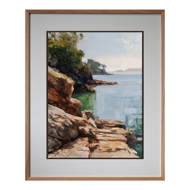 Contemporary Summer Rocks and Sea Plein Air by Jon Doran | Oil on Panel Plein Air Sunlit Rocks and Sea For Sale