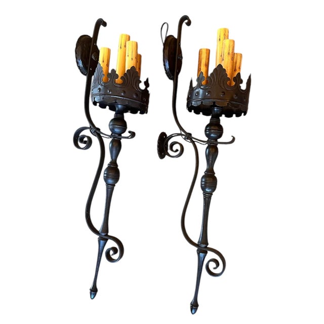 Black Pair of Large Iron and Brass Spanish Torch Design Wall Sconces, Circa 1920 For Sale - Image 8 of 8