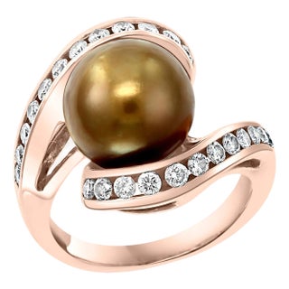 10 MM Chocolate Tahitian Pearl and Diamond Cocktail Ring 14 Karat Gold For Sale
