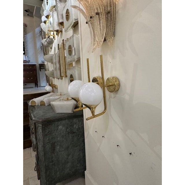 Pair of White Ball Form Murano Glass Sconces on Brass Base For Sale - Image 4 of 5