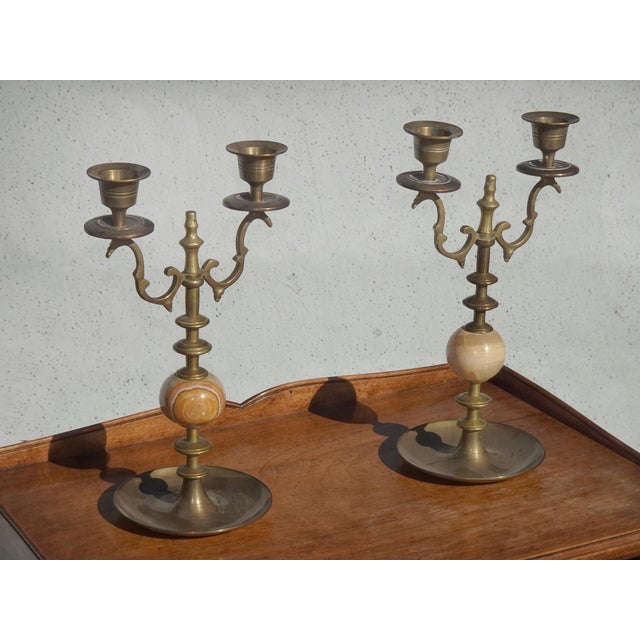 1950s Pair of Vintage Brass and Onyx Candelabras 10" High Candle Holders For Sale - Image 5 of 12