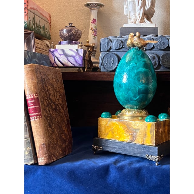Empire Style Faux Malachite & Sienna Marble Decorative Egg Table Article With Gilt Bronze Doves For Sale - Image 4 of 14