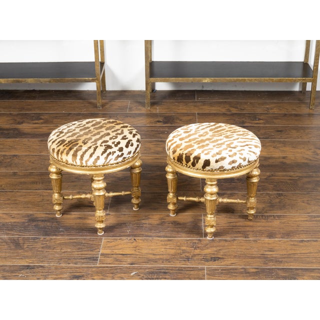 Pair of 19th Century French Giltwood Stools with Fluted Legs and Upholstery For Sale - Image 9 of 10