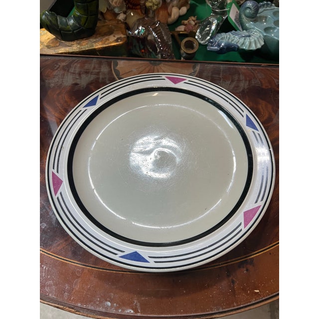 1970s 1980s Stoneware Plate With Blue and Pink Accents For Sale - Image 5 of 6