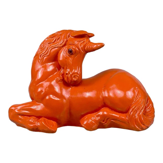 Vintage Hollywood Regency Large Orange Plaster Unicorn Sculpture For Sale