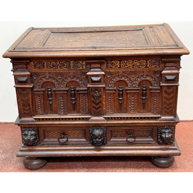18th Century 18th Century Italian/ French Renaissance Revival Lion & Inlay Strongbox Chest For Sale - Image 5 of 12