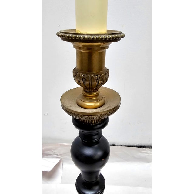 Pair of Mid 20th Century Empire Style Brass and Ebonized Candlesticks Buffet Lamps For Sale - Image 4 of 12