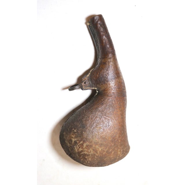 Brutalist Antique 1700's Middle Eastern Leather Wrought Iron Camel Water Shot Flask Jug For Sale - Image 3 of 12
