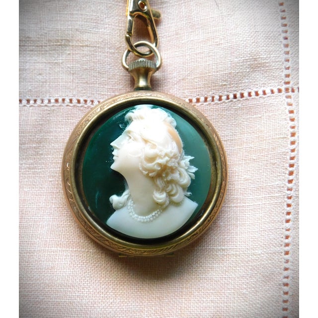 Gold Vintage Victorian Gold Pocket Watch Locket, Green Cameo Woman, Long Art Glass Chain For Sale - Image 8 of 16