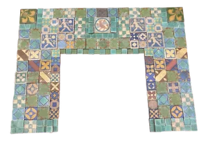1900s Arts and Crafts Grueby Faience Co. Tile Fireplace With Scene Tiles