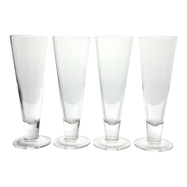 Contemporary Crate & Barrel 4 Footed Beer Pilsner or Fluted Champagne Glasses - Set of 4 For Sale