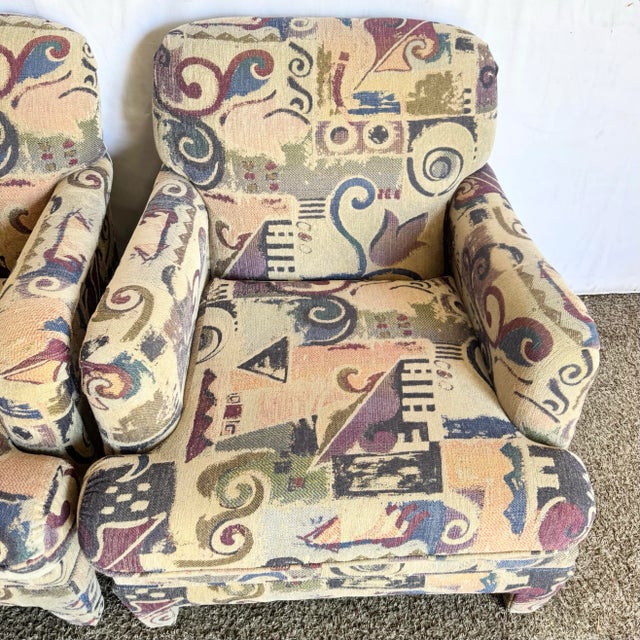 Postmodern Multi Colored Abstract Pattern Lounge Chairs - A Pair For Sale - Image 4 of 7