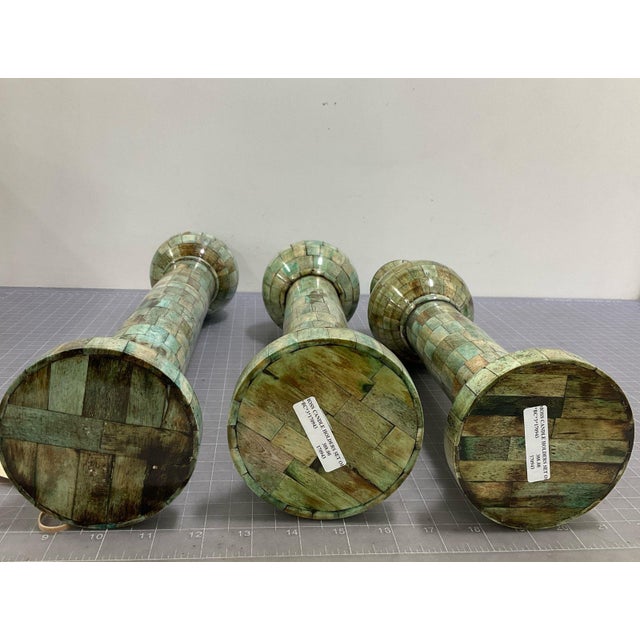 Folk Art Set of 3 Large Unique Tessellated Bone Candle Holders Candlesticks For Sale - Image 3 of 4