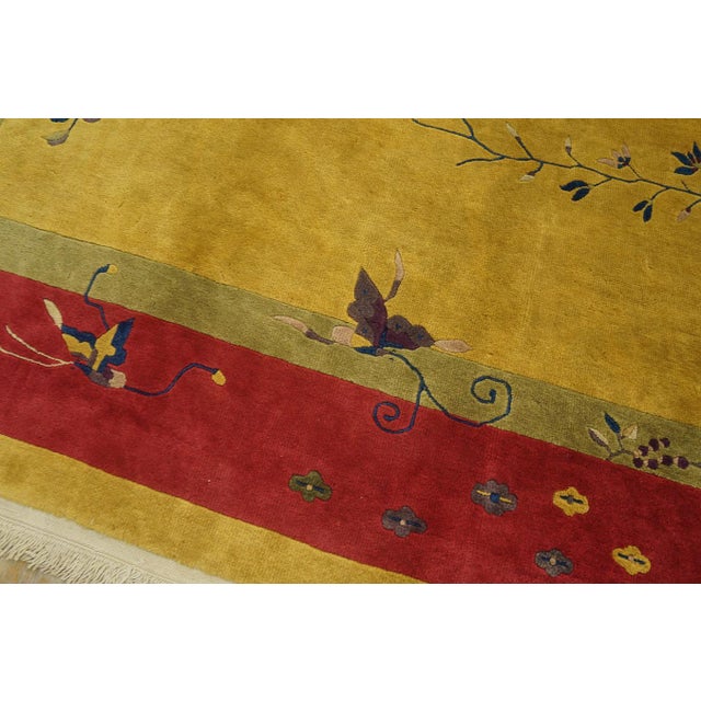 Surprising Saffron Background and Red-Raspebery Border With Tiny Sprays Floral Design Antique Chinese Art Deco Rug For Sale - Image 9 of 12