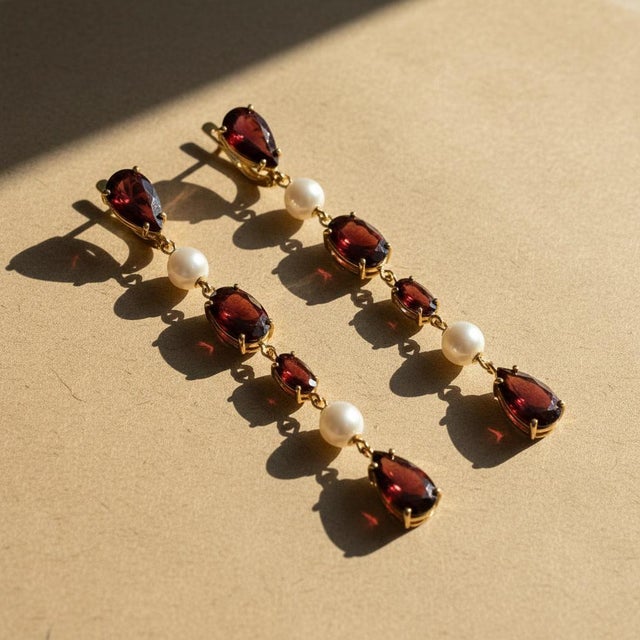 Garnet & Pearl Drop Multi-Shape Earrings, Silver, Gold, Pair For Sale - Image 9 of 10