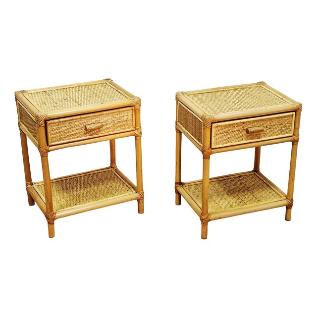 Mid-Century Modern Bamboo and Wicker Bedside Tables, Italy, 1970s, Set of 2 For Sale