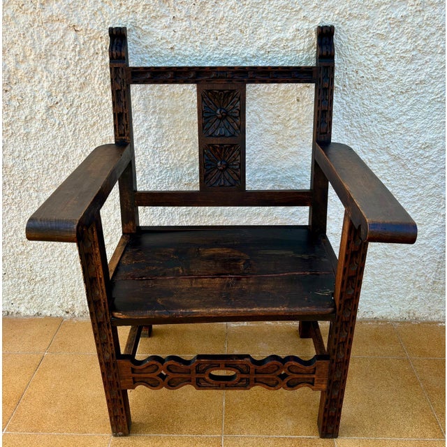 Wood Set of 19th Century Spanish Colonial Carved Altar Armchairs with Wooden Seats For Sale - Image 7 of 18