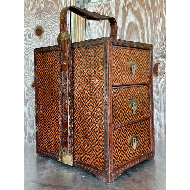 Rustic Vintage Boho Woven Rattan Wedding Chest For Sale - Image 3 of 3