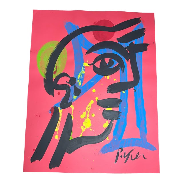 1980s Original Peter Keil Abstract Portrait Acrylic Painting on Red Paper For Sale