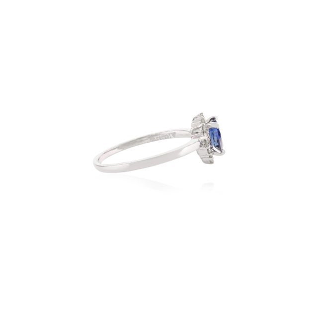 Not Yet Made - Made To Order 14k White Gold Genuine Heart Cut Blue Sapphire Halo Diamond Promise Ring Size 7 For Sale - Image 5 of 13