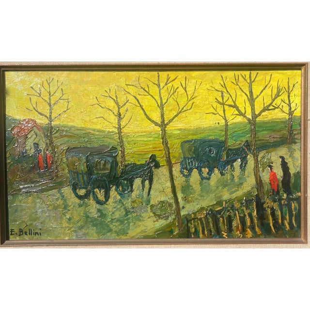 Canary Yellow Painting "On the Road to the Saints" Oil on Canvas Signed E. Bellini, France 1935 For Sale - Image 8 of 11