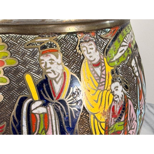 Mid 20th Century Chinese Cloisonne Brass Vase Table Lamp With Figural and White Elephant Decoration For Sale - Image 13 of 15