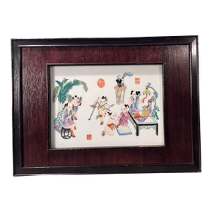 Antique Chinese Famille Rose Hand Painted Scenic Porcelain Plaque With Musicians