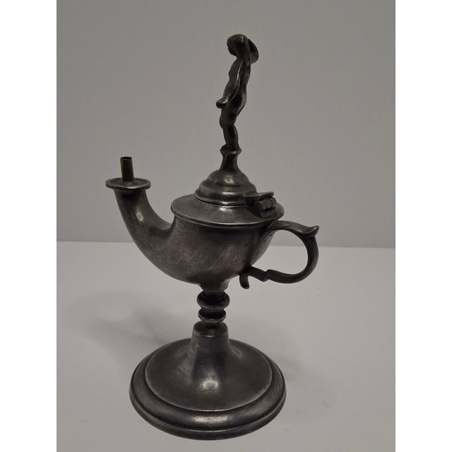 Lot of 2 - 19th C Pewter Whale Oil Fat Lamps W/ Figurine, Wick Pick, European For Sale - Image 10 of 18