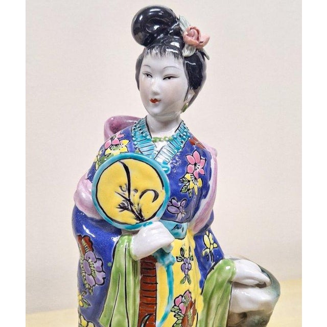 Ceramic Vintage-Style Porcelain Floral Lady Figurine With Fan For Sale - Image 7 of 9