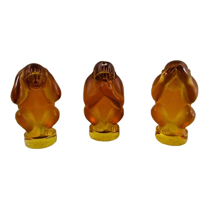 Vintage Lalique Crystal Amber Wise Hear, See, Speak No Evil