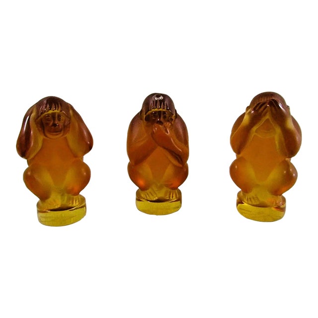 Vintage Lalique Crystal Amber Wise Hear, See, Speak No Evil