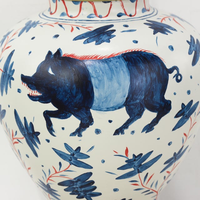 Pair of Vintage Brunschwig & Fils Cadiz Table Lamps - Blue and Cream Ceramic With Boar and Deer Motif For Sale - Image 9 of 15