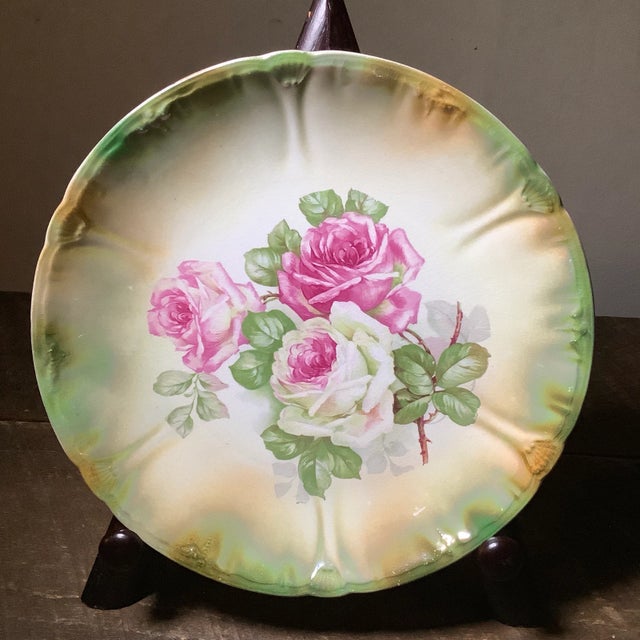 Shabby Chic Antique Anton Mehlem Bavarian German Luster Wall Art Cake Plate Featuring Cabbage Roses For Sale - Image 3 of 8