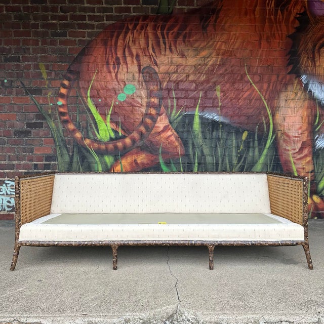 Mid-Century Modern Vintage Faux Bamboo Sofa With Caned Arms in Style of Robsjohn Gibbings Mid-Century Modern For Sale - Image 3 of 12