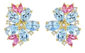 Nina Zhou Aquamarine Pink Sapphire Diamond Blossom Earrings in 14k Yellow Gold - a Pair