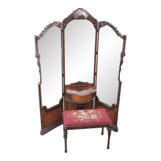1920s Carved Tri Fold Vanity Makeup Dressing Table and Stool 6454 For Sale