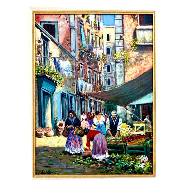 1980s 1980s Impressionist Oil Painting of a Village Market, Original Folk Art, Framed, 24"h For Sale - Image 5 of 8