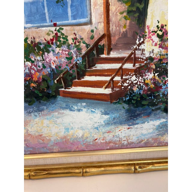 Vintage Framed Cottage Garden Entry Oil Painting With Gold Bamboo Frame For Sale In Miami - Image 6 of 10