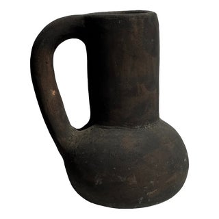 Black Ceramic Soliflore Vase with Indonesian Terracotta Handle, 1980s For Sale