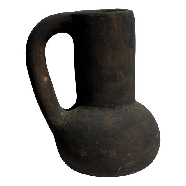 Black Ceramic Soliflore Vase with Indonesian Terracotta Handle, 1980s For Sale