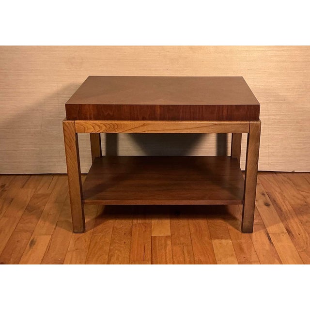 Mid Century walnut two-tiered side table by Lane, Altavista, Virginia. Part of the “Rhythm” collection dated 1968.