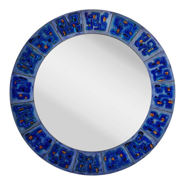 4/5 Blue Hand-Painted Enamel Mirror by Bodil Eje, Denmark 1960s For Sale