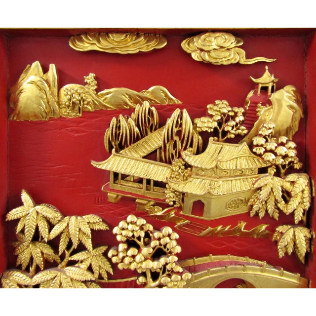 Wood Early 20th Century Chinese Black Lacquer Painted and Carved Gold Giltwood Wall Hanging Panels - a Pair For Sale - Image 7 of 12