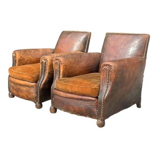 Vintage Boho Distressed French Art Deco Leather Club Chairs - a Pair For Sale
