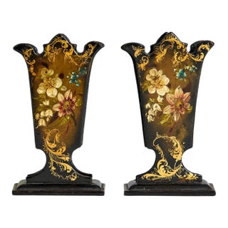 Pair of 19th C. French Hand Painted Paper Mache Spill Vases For Sale