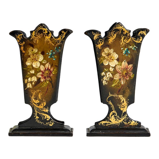 Pair of 19th C. French Hand Painted Paper Mache Spill Vases For Sale
