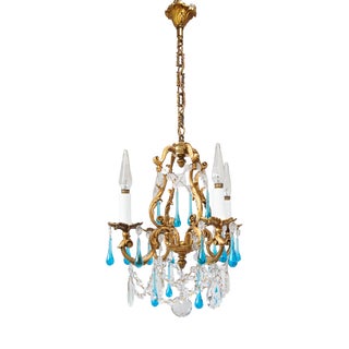 Antique French Chandelier in Bronze Drops Murano Blue, 1950 For Sale